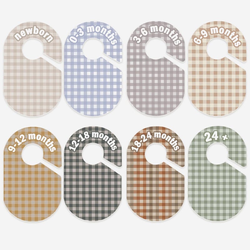 eoscasely Baby Closet Divider, Baby Wardrobe Organizer, Double-Sided Pastel Gingham Design, Nursery Decor Clothes Hanger Dividers for Sorting 8 Sizes from Newborn to 12+ Months - Image 1